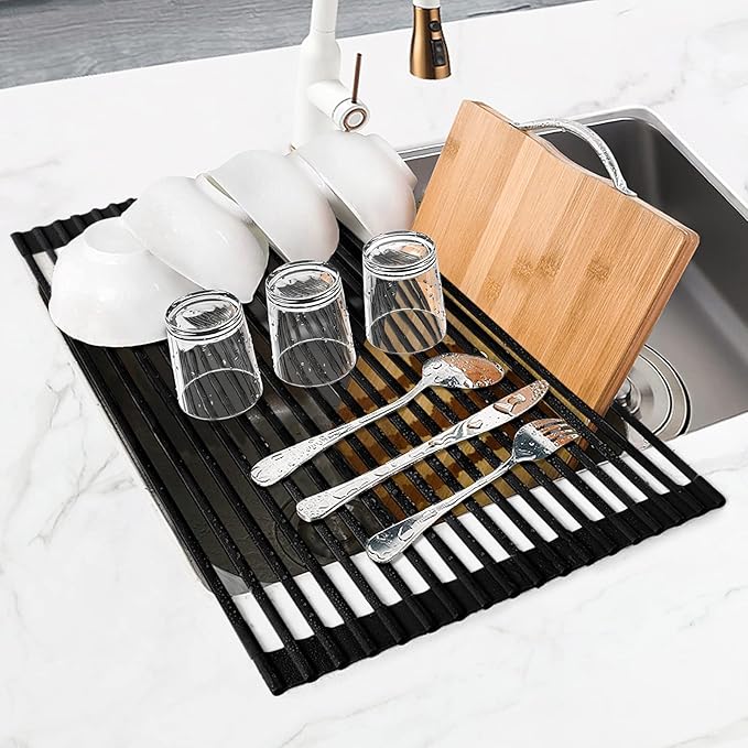 MERRYBOX Roll Up Over The Sink Dish Drying Rack Silicone Wrapped Foldable, Heat-Resistant, Anti-Slip Sink Rack Multipurpose Dish Drainer for Kitchen Sink Counter - Black, 17.5" x 11"