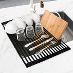 MERRYBOX Roll Up Dish Drying Rack Silicone Wrapped Over The Sink Dish Drying Rack Multipurpose Foldable Sink Drying Mat Anti-Slip & Anti-Rust Dish Rack for Kitchen, 17.5" x 13", Black