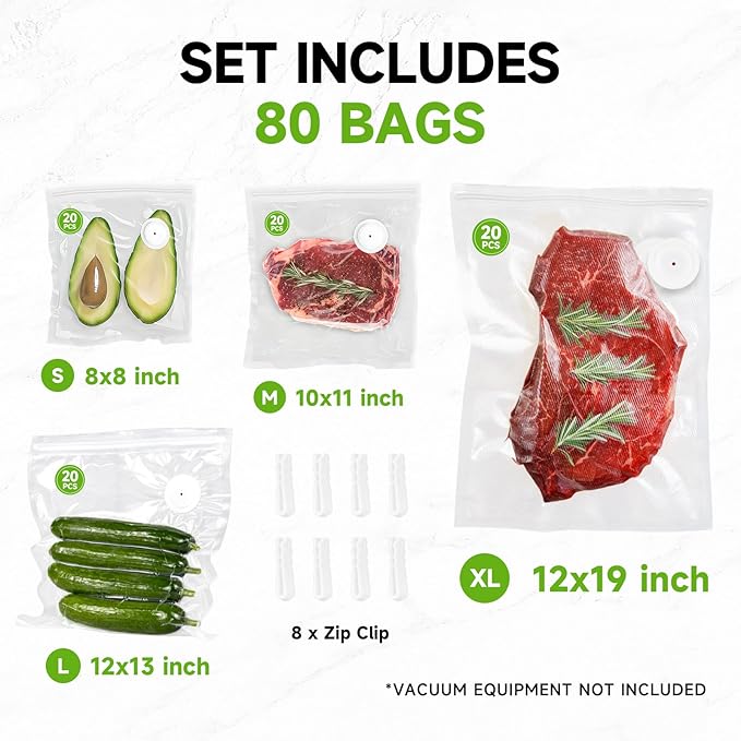 Vixino Vacuum Sealer Bags, 80 Reusable Vacuum Sealer Bags for Food, BPA-Free, Meal Prep and Sous Vide Cooking,Works for Handheld Sealer and Vac Sealer Machine with External Vacuum Systems