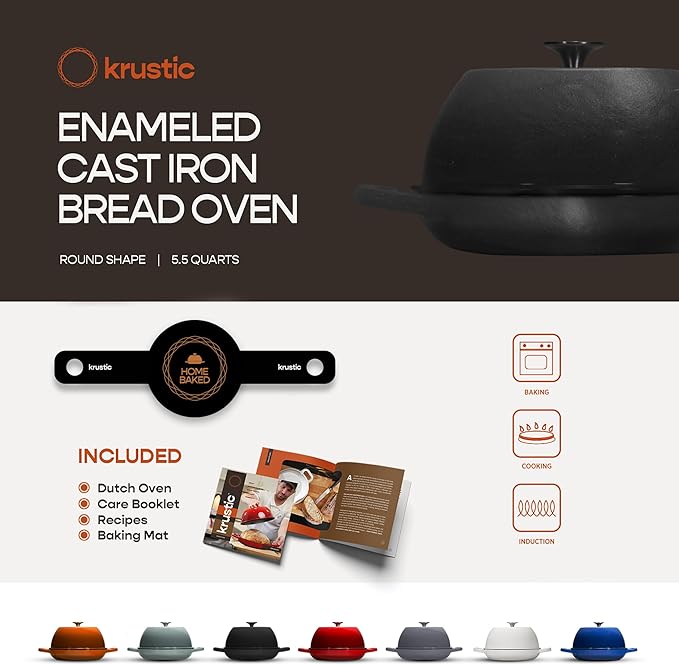 Enameled Cast Iron Dutch Oven for Sourdough Bread Baking | 6 Quart Pot with Lid | 10 Inch Ceramic Enamel Thick Coated Cookware Set with Non Stick Silicone Baking Mat for Cooking | 6 Qt |Black