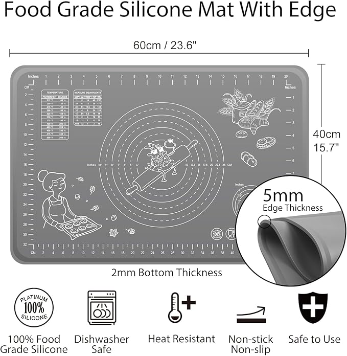 Silicone Baking Mat 24" x 16" Extra Thick Non-stick Pastry Mat with Measurements and Edge Heightening, Food Grade Silicone for Countertop Dough Rolling Making Bread, Cookies, Pizza, Fondant, Pasta