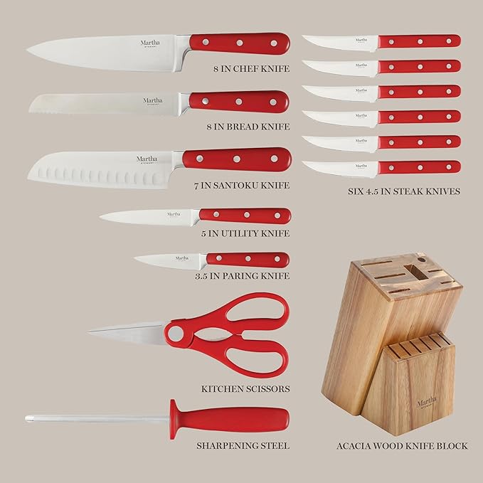 MARTHA STEWART Eastwalk 14 Piece High Carbon Staineless Steel Cutlery Knife Block Set w/ABS Triple Riveted Forged Handle Acacia Wood Block - Red