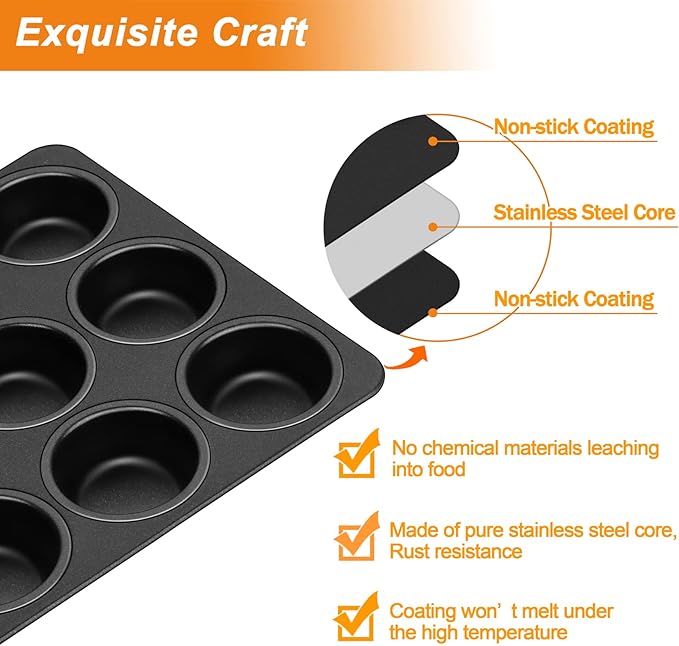 TeamFar Muffin Pan, 12 Cup Muffin Tin Cupcake Baking Pan with Stainless Steel Core & Nonstick Coating,for Making Mini Cakes Tarts, Healthy & Welded Firmly, Oven Safe & Anti-melt, Easy Release & Clean