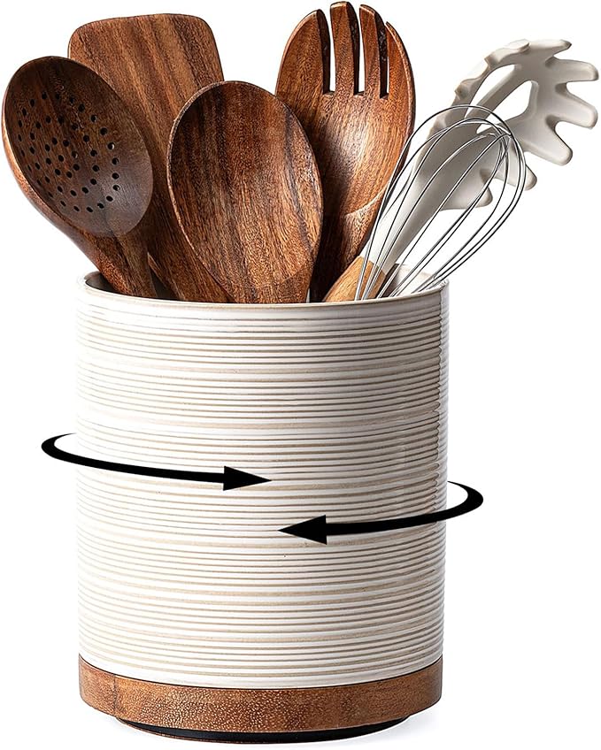 Utensil Holder, 360° Rotating Extra Large Ceramic Kitchen Utensil Holder for Countertop, 7.3“ Cooking Utensil Crocks for Kitchen Counter with Rotatable Wooden Base, Farmhouse Decor, Arctic White