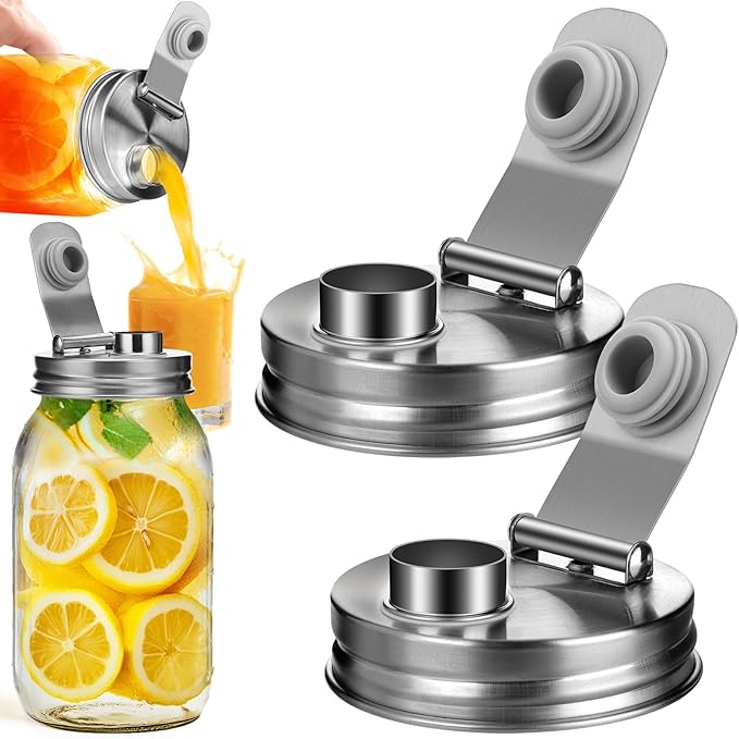 Mason Jar Pour Spout Lid Stainless Steel, Regular Mouth Pour Spout Flip Cap Lids for Mason Jars, Anticracking Leak Proof Seal Cover Airtight for Drinking Salad Dressing & Food Storing(2PCS)