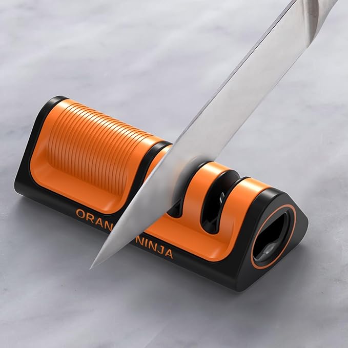 Orange Ninja Mini Knife Sharpener - Coarse & Fine Blade Sharpener, Sharpening System- Knife Sharpeners for Kitchen Knives, Pocket Kitchen Knives Sharpeners with Bottle Opener & Fridge Attachment