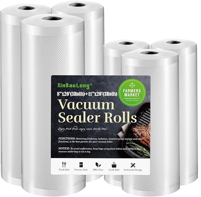 Vacuum Sealer Bags For Food: 6 Pack 3 Rolls 11" x 20' + 3 Rolls 8" x 20' - Commercial Grade BPA Free Bag Rolls - Durable Cut-to-Length Food Vac Bags for Sous Vide Cooking Puncture Prevention