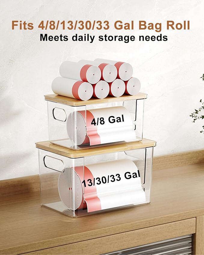 Trash Bag Dispenser 2 Pack (XL+S) - Acrylic Garbage Bags Dispenser with Bamboo Top, Trash Bag Holder Under Sink for Pantry, Kitchen, Laundry Room, Cabinet