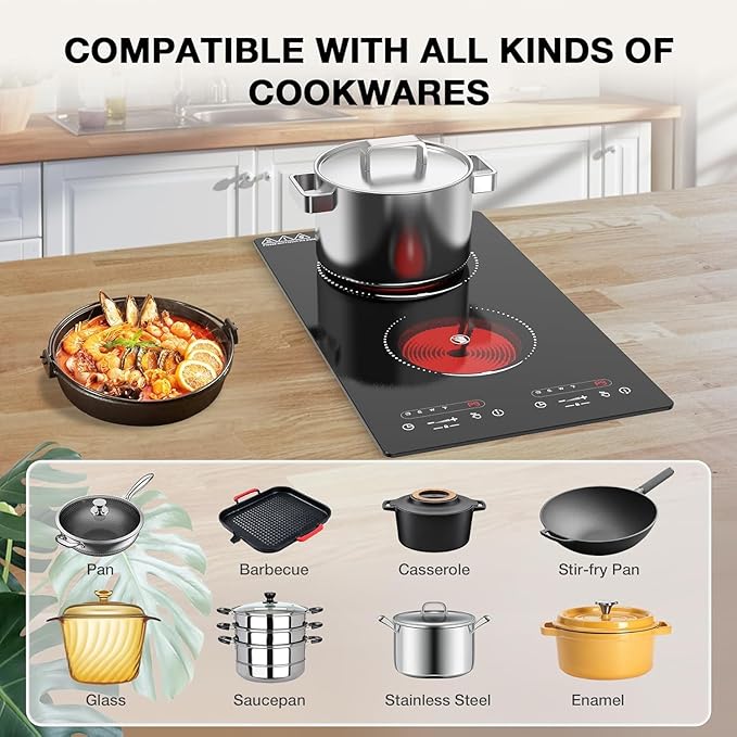 VBGK Electric Cooktop,110V 2100W 2 Burner Electric Cooktop,Countertop and Built-in Stove top with 9 Power Levels,Child Safety Lock, Timer, LED touch control,Overheat Protection