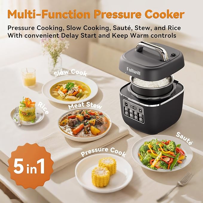 Fullwill Electric Pressure Cooker Lite, Slow Cooker, Rice, Sauté, Warmer, Olla de Presion Nonstick Pot 3 Quarts