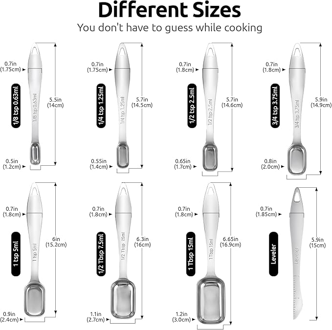 U-Taste Narrow Square Measuring Spoons: 18/8 Stainless Steel Kitchen Measure Teaspoon Tablespoon with Leveler, Polygon Rectangular Metal Jar Scoop for Baking Cooking, Coffee, Spice, Powder (Set of 8)