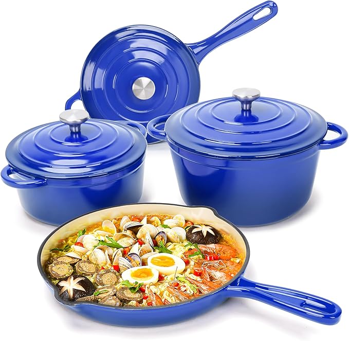 7-Piece Enameled Cast Iron Cookware Set: Dutch Ovens, Skillet & Sauce Pan with Non-Stick Ceramic Coating - Oven Safe to 550°F, PFOA-Free (Cobalt Blue)
