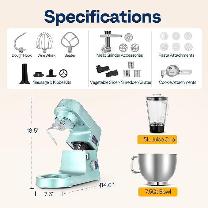 VIVOHOME 9 in 1 Multifunctional Stand Mixer with Fermentation, 6 Speed 7.5 Quart Kitchen Electric Food Mixer with Timer, Meat Grinder, Juice Blender, Vegetable Slicer, Pasta and Cookie Maker, Blue