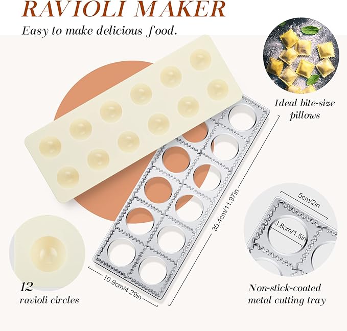 Geetery 5 Pcs Ravioli Mold Set 2 Inch Squares Ravioli Maker Cutter Include 1 Raviolis Maker Press 3 Pasta Cutter Stamp Makers 1 Wood Rolling Pin Pasta Making Tool for Home Kitchen Supplies (12 Holes)