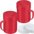 CUSINIUM 6oz Red Stainless Steel Salt Pepper Dredge Shakers - With Plastic Cap - With Handle - Pack of 2