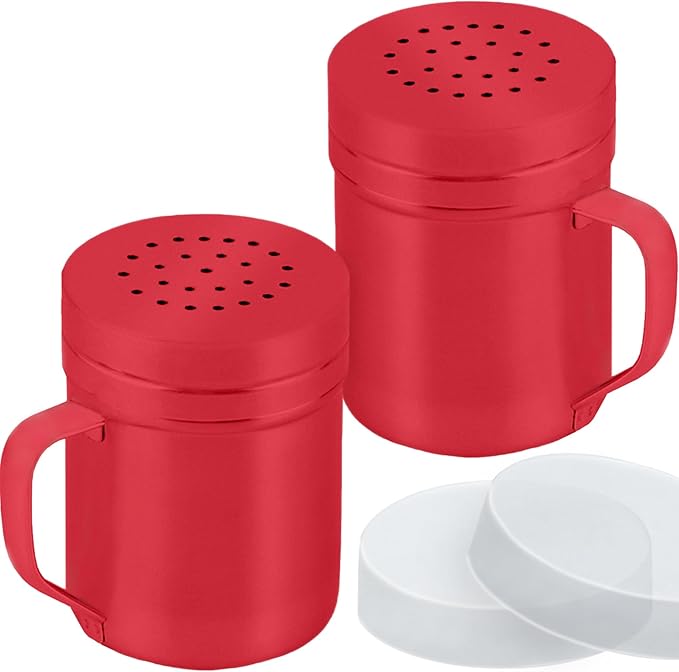 CUSINIUM 6oz Red Stainless Steel Salt Pepper Dredge Shakers - With Plastic Cap - With Handle - Pack of 2