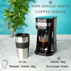 Mixpresso Black Personal Single Serve Coffee Maker with 14oz Travel Mug, Drip Small Coffee Maker with Auto Shut Off, Reusable Filter, Works with Ground Coffee Only – Not for K-Cup Pods