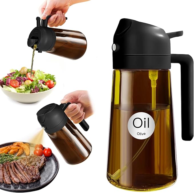 YARRAMATE 16oz/470ml Light Blocking Oil Sprayer for Cooking with Stickers, Food-Grade 2 in 1 Olive Oil Dispenser Bottle for Kitchen, Premium Dark Amber Glass Oil Bottle for Air Fryer, BBQ (Black)