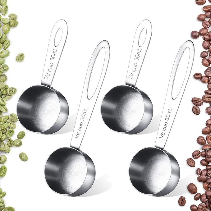 Geiserailie 4 Pcs Coffee Scoop 2 Tablespoon Stainless Steel Coffee Measuring Scoops, Including 2 Short Handled 2 Long Handle for Tea, Sugar and Milk, 30 Ml,1/8 Cup