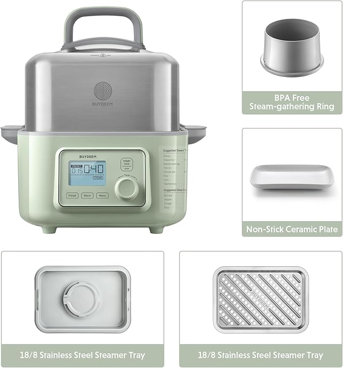 BUYDEEM G553 5-Quart Electric Food Steamer for 2-4 Servings, One Touch Vegetable Steamer for Cooking, Digital Multifunctional Steamer, Quick Steam, Stainless Steel Steamer Tray, No Stew Pots Included