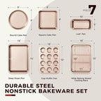 KITESSENSU Baking Pans Sets, Nonstick Bakeware Set 7-Piece with Round/Square Cake Pan, Loaf Pan, Muffin Pan, Cookie Sheet, Roast Pan, Cooling Rack & Silicone Oven Mitts, Carbon Steel Bake Set,Gold