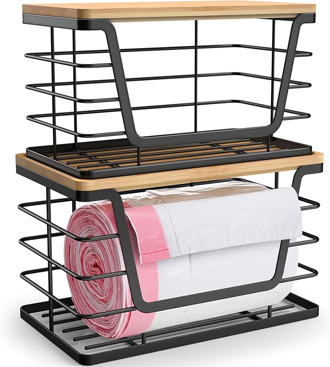 ALOCEO 2 Pack Storage Stackable Kitchen Laundry Organizers with Bamboo Top, Large Trash Bag Holder and Small Garbage Bag Dispenser for Countertop Organization