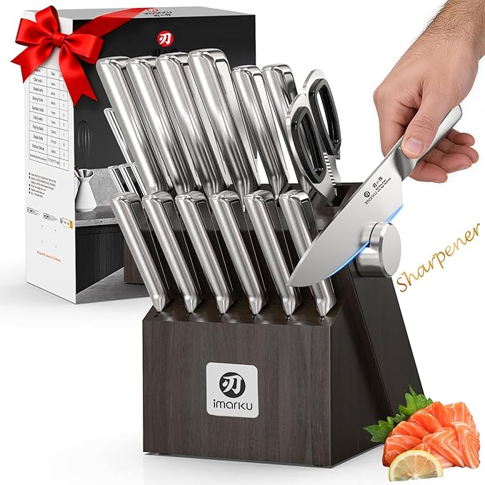 Knife Sets for Kitchen with Block imarku G14 Japanese Knife Set Stainless Steel Kitchen 14pcs, Built-in Sharpener, Sharp Knives with Non-slip Ergonomic Handle - Dishwasher Safe, Home Essential Gifts