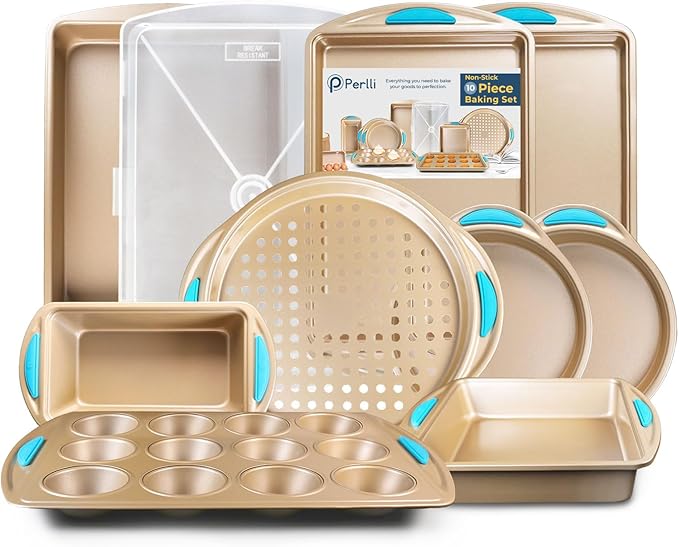 Perlli Baking Kit: Nonstick Gold Steel Oven Set - 10 Pieces, Cookie Sheets, Cake Pans, 9x13Pan with Lid, Loaf & Deep Pans, Pizza Crisper, Muffin Pan - Silicone Handles