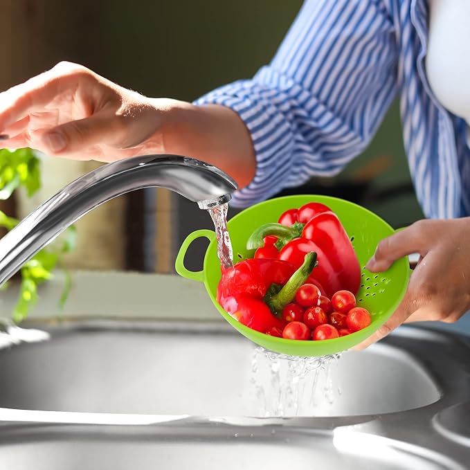 Meadow Lane 6-inch Small Colander, BPA-Free, Dishwasher Safe, Double Handles, Compact Food Strainer for Berries, Veggies and Pasta, 3-Cup Capacity, Green and White, 2-Pack