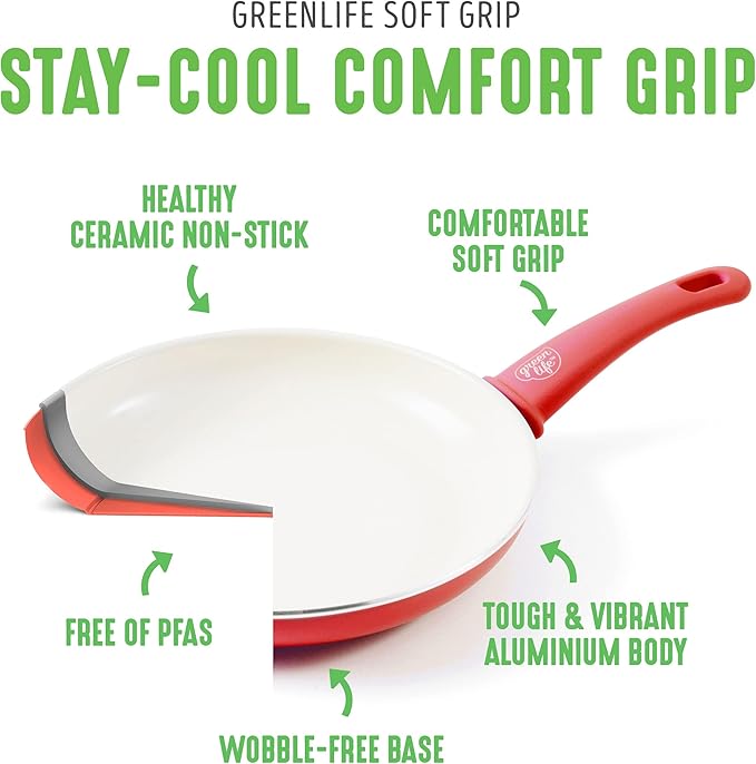 GreenLife 16 Piece Nonstick Cookware Set, Soft Grip Non-Toxic PFAS-Free Ceramic Pots & Pans, Dishwasher & Oven Safe, Frying, Sauce, Saute, Utensils, Glass Lids, Stay-Cool Handles, Wobble Free, Red
