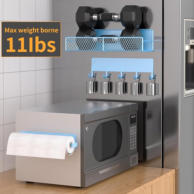 Magnetic Spice Rack for Refrigerator, 7 Pack Metal Magnetic Shelf Blue, Moveable Spice Organizer with Hook Rack, Paper Towel Holder, Kitchenware Holder, Strong Magnetic Storage Fridge Organizer
