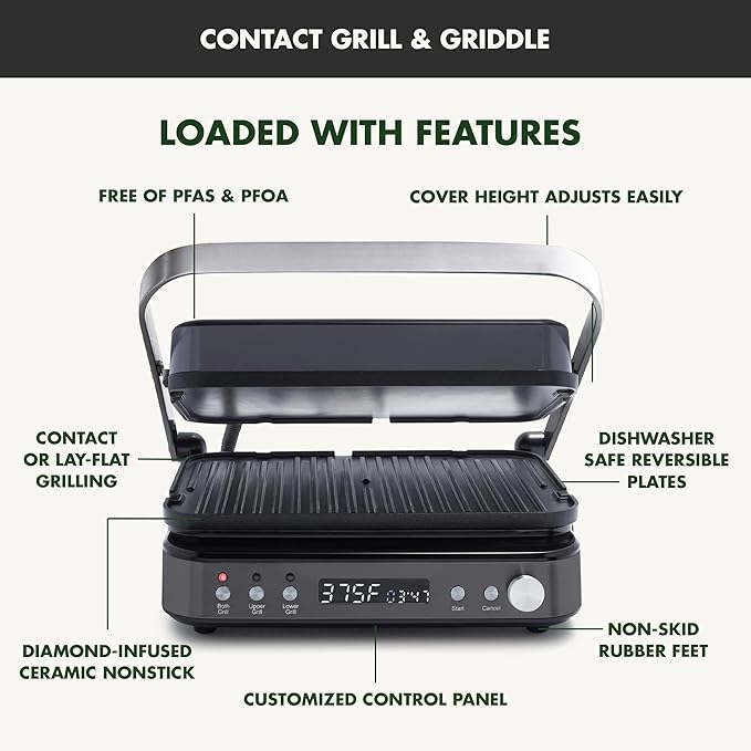 GreenPan 6-in-1 Multifunction Removable Plate Indoor Grill & Electric Griddle, Diamond Infused PFAS Free Ceramic Nonstick Reversible Plates, Opens Flat, Adjustable Temp, Panini Press, Black
