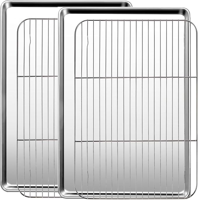 Baking Sheet with Racks Set [2 Sheets + 2 Racks], Stainless Steel Baking Sheets with Cooling Racks, Nonstick Pan, Warp Proof & Rust Proof & Easy to Clean, Size 18 X 13 X 1 Inch