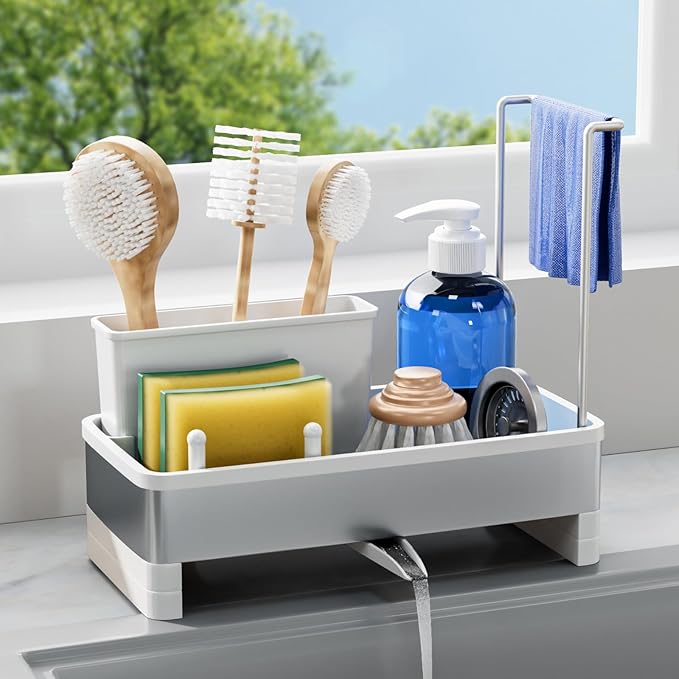 Sponge Holder for Kitchen Sink, Rustproof Stainless Steel Sink Caddy with Auto-Drain, Removable Brush Holders, Soap and Dishcloth Organizer, White