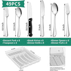 49PCS Silverware Set with Organizer, Stainless Steel Flatware Drawer Cutlery Set for 8, Kitchen Utensils with Steak Knives Mirror Polished Dinner Knife Forks Spoons Tableware Service Tray