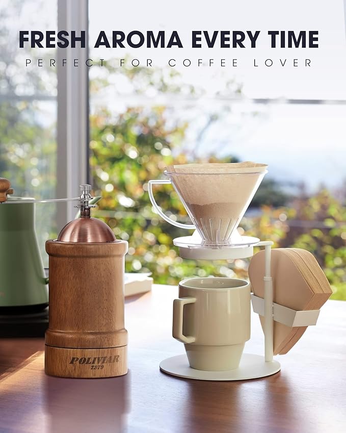 POLIVIAR Manual Coffee Grinder, Coffee Bean Grinder with Adjustable Ceramic Burr, Vintage Style Wooden Hand Coffee Grinder, Large Capacity Burr Coffee Grinder with Brush and Spoon (JX2022-CG20)