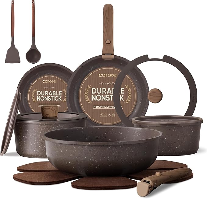 CAROTE 17PCS Pots and Pans Set Non Stick with Detachable Handle, Nonstick Cookware Sets, Cooking Kitchen Set, Oven/Dishwasher Safe, Induction Cookware, Brown, RV Kitchen Pot and Pan