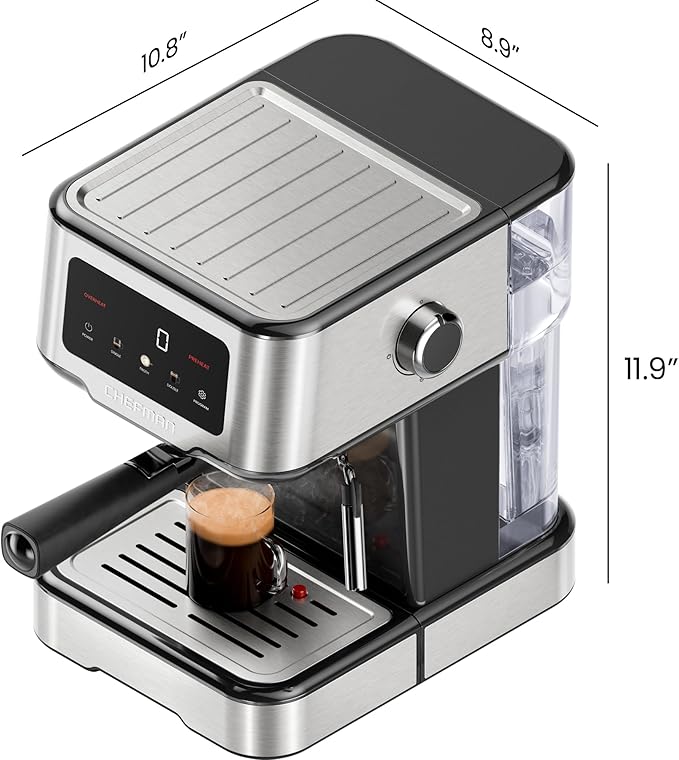 Chefman CraftBrew Espresso Machine, 15-Bar Pump Digital Espresso Maker w/Steam Wand for Latte & Cappuccino, Compact Espresso Coffee Machine w/ 1.5L Removable Water Reservoir - Stainless Steel