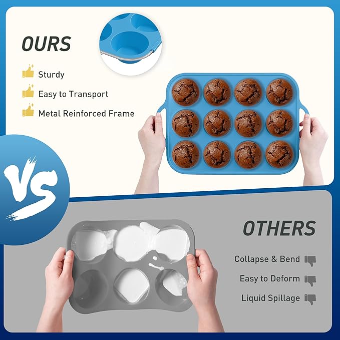 2 Packs 12 Cups Silicone Muffin Pan with Metal Reinforced Frame Regular Size Cupcake Pan Tray Egg Bites Silicone Circle Cookie Molds Muffin Tin Tart Pans Baking Sheet Set for Breakfast Sandwiches