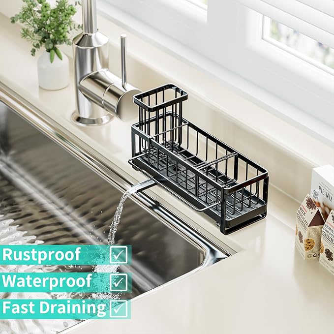 HapiRm Sponge Holder for Kitchen Sink - Self-draining Sink Caddy with Brush and Dishcloth Holders, Stainless Steel Kitchen Organizer for Countertop - Black