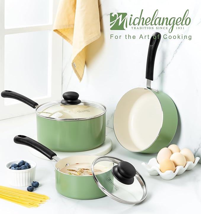 MICHELANGELO Nonstick Sauce Pan with Lid, Ceramic Saucepan Set, Non Toxic Small Saucepans Sets with Stay-Cool Handle, Induction Pots For Cooking, PTFE & PFOA Free - 1Qt & 2Qt & 3Qt, Green