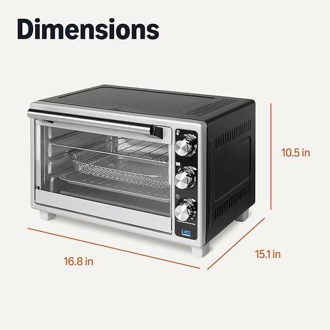 Amazon Basics 6-Slice 23-QT Toaster Oven with Built-In Air Fryer, 7-In-1 Cooking Options, 60-Min Timer & Adjustable Temperature (200℉ - 450℉), With Accessories, 1500W, Stainless Steel, Silver/Gray
