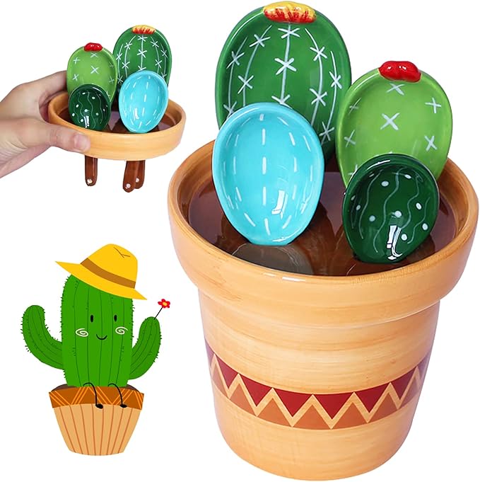 Cactus Measuring Spoons Set in Pot, Cute Ceramic Measuring Spoons and Cups, Kitchen Cacti Spoon with Holder, Baking Measuring Cups Ornaments Gift