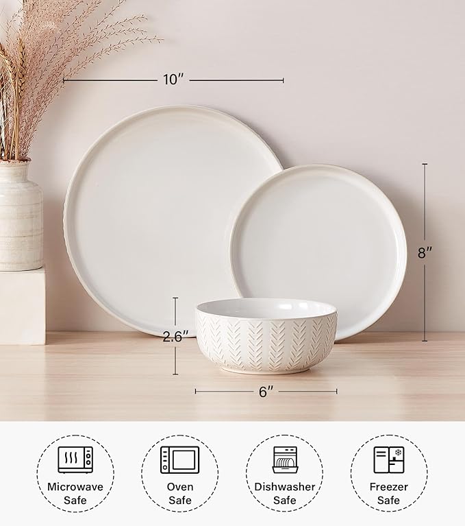 24 Piece Dinnerware Sets for 8 - Farmhouse Style Stoneware Plates and Bowls Sets - Scratch Resistant & Dishwasher Safe, Embossed Boho Ceramic Dish Set, Stack Compactly Dishware - Vintage White