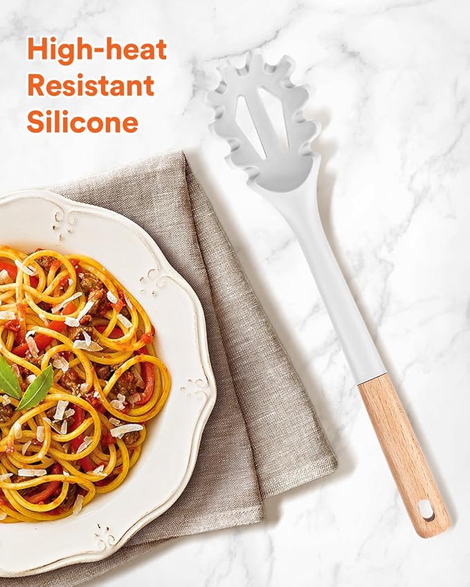 Silicone Pasta Fork, Kitchen Heat Resistant Noodle Spoon Server, BPA Free Spaghetti Strainer,12.8 inch (WHITE)