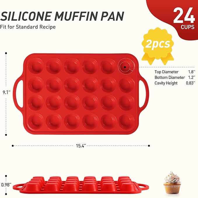 2 Packs 24 Cups Silicone Muffin Pan for Baking with Metal Reinforced Frame Mini Size Cupcake Pan Tray Chocolate Egg Pizza Bites Oven Cookie Mold Muffin Tin Tart Pans Sheet Set Small