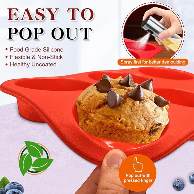 Walfos Silicone Muffin Pan - 6 Cup Non-Stick Cupcake Pan for Baking, Food Grade and BPA Free, Perfect for Egg Muffin, Cupcake, Quiches and Frittatas (3 Pack)