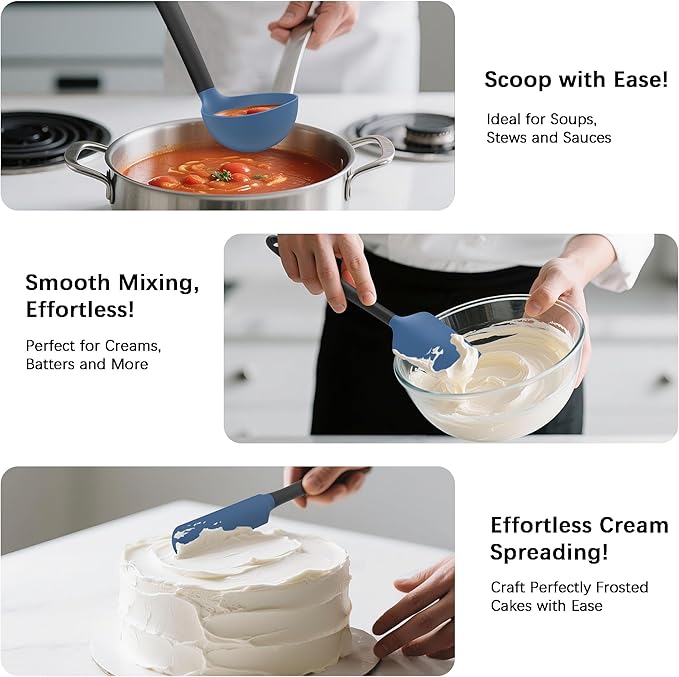 Coukre Silicone Kitchen Cooking Utensils Set with Holder – Heat-Resistant, Food-Grade Kitchen Tools, Spatula, Spoon & Gadgets for Non-Stick Pans, Dishwasher Safe (14, DarkBlue)