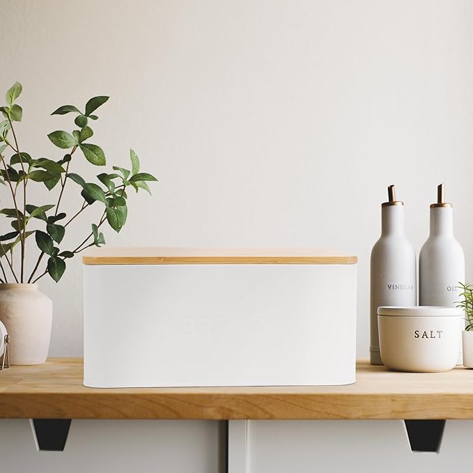 ZICOTO Beautiful Bread Box With Wooden Lid For Your Kitchen Countertop - Spacious Container Perfectly Stores Your Homemade Bread, English Muffins & Bagels - Quality Cutting Board Lid Keeps Loaf Fresh