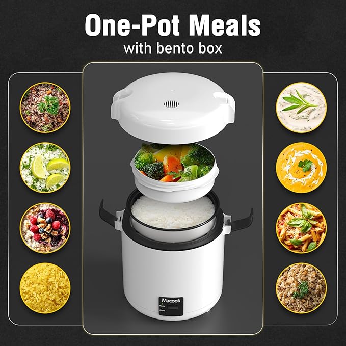 Mini Rice Cooker 1-1.5 Cups Uncooked(3 Cups Cooked), Rice Cooker Small with Bento Box, Removable Nonstick Pot, One Touch&Keep Warm Function, Portable Cooker for Soup Grain Oatmeal Veggie, Black
